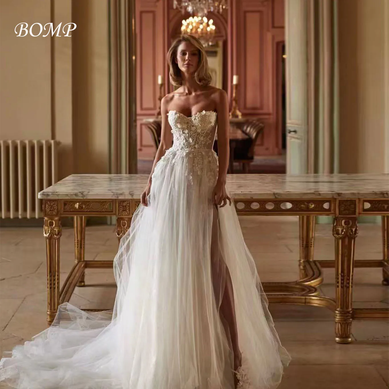 Suknie ślubne BOMP Vintage z kwiatami 3D dla panny młodej, dekolt w serduszko, wysokie rozcięcie z boku, suknia ślubna szyta na miarę, nowa suknia ślubna 2026