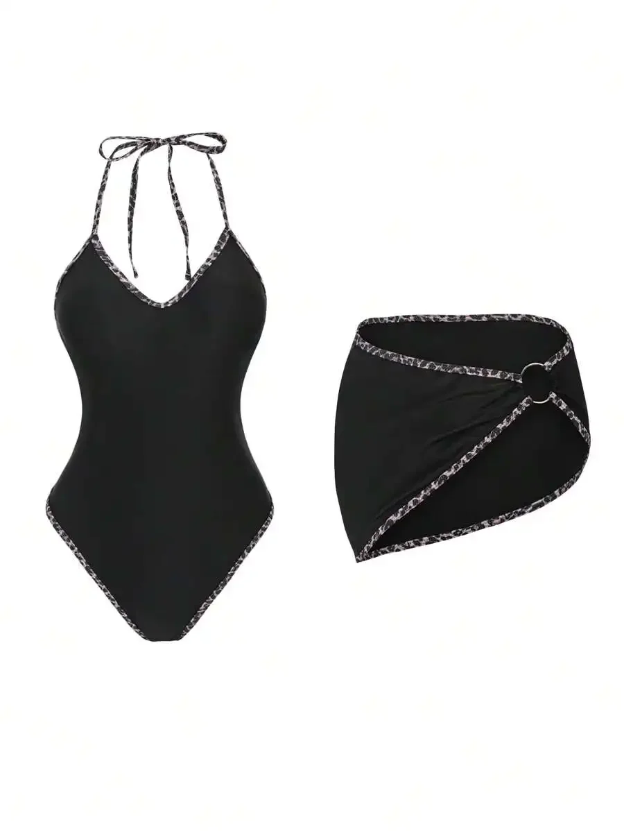 

Womens Black Leopard Print Halter One-Piece Swimsuit With Metal Ring And High-Waisted Wrap Bottom