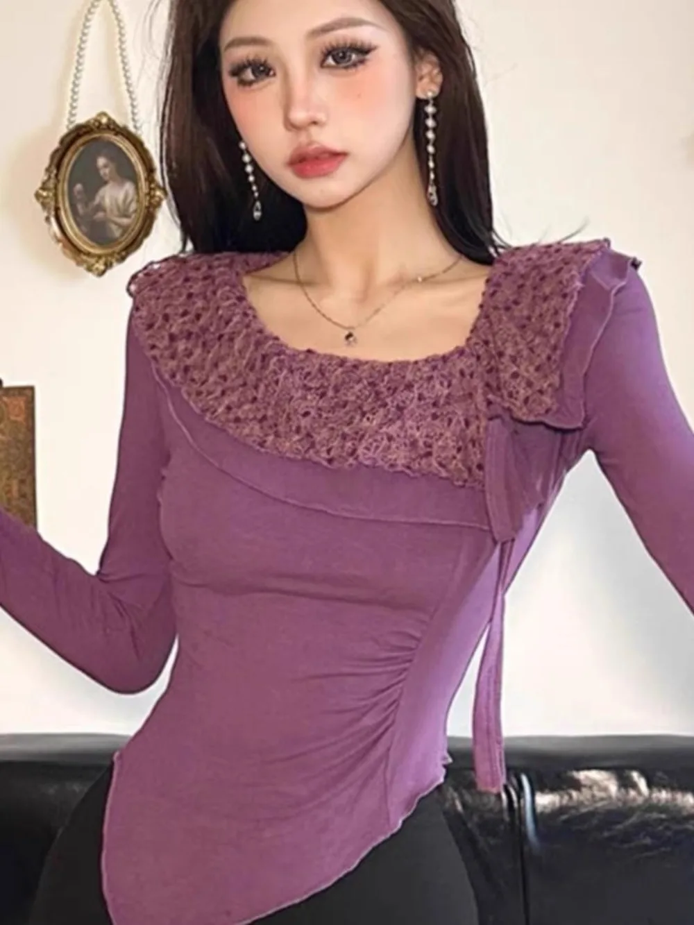 2025 Spring Nostalgic Aesthetics Y2K Shirts Lotus Leaf Irregular Collar Skinny Blouse Elegant Women Solid Purple Long Sleeve Top