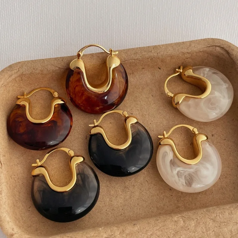 Minar French Retro Multicolor Resin Chunky U Shaped Hoop Earrings for Women Girls 18K Real Gold Plated Copper Statement Jewelry