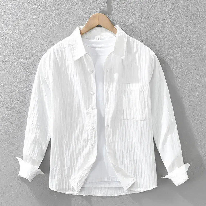 Loose Fit Long Sleeve Men's Shirt Bubble Cloth Japanese Style Fashion Urban Breathable Light Weight Polyester Autumn Spring