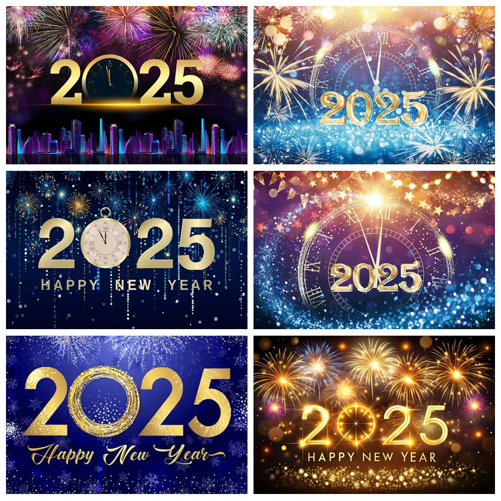 

2025 Happy New Year Theme Photography Backdrop Fireworks Clock Golden Balloon Celebrate Party Baby Shower Background Photo Props