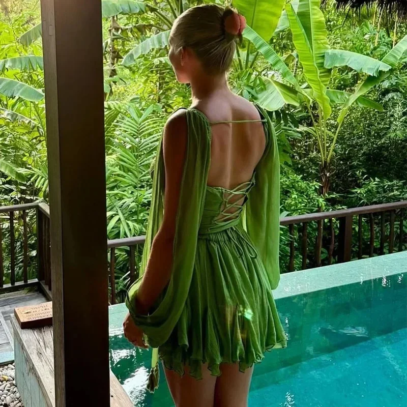 Tied Backless Green Mini Dress Off Shoulder Bodycon Leopard Short Dresses Summer Vacation Cut Out Purple Black Beach Dress
