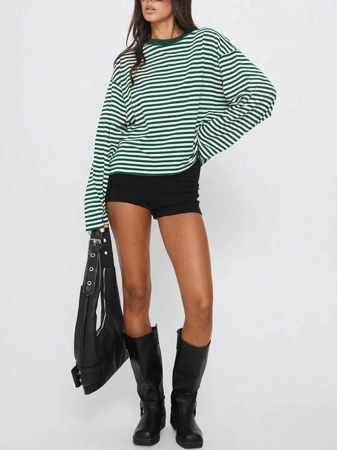 Women Lazy Loose Fit European American Style Retro Color Block Striped Long Sleeve T Shirt Casual Versatile Oversized Basic Stre view 2