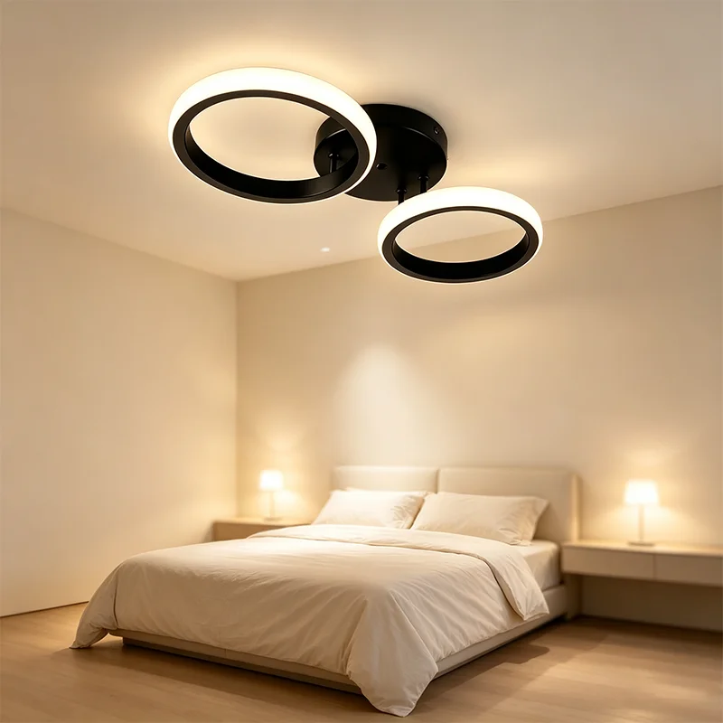 Modern Double Ring LED Ceiling Light Warm White  Black Flush Mount Lamp for Bedroom Living Room Hallway Indoor Home Lighting