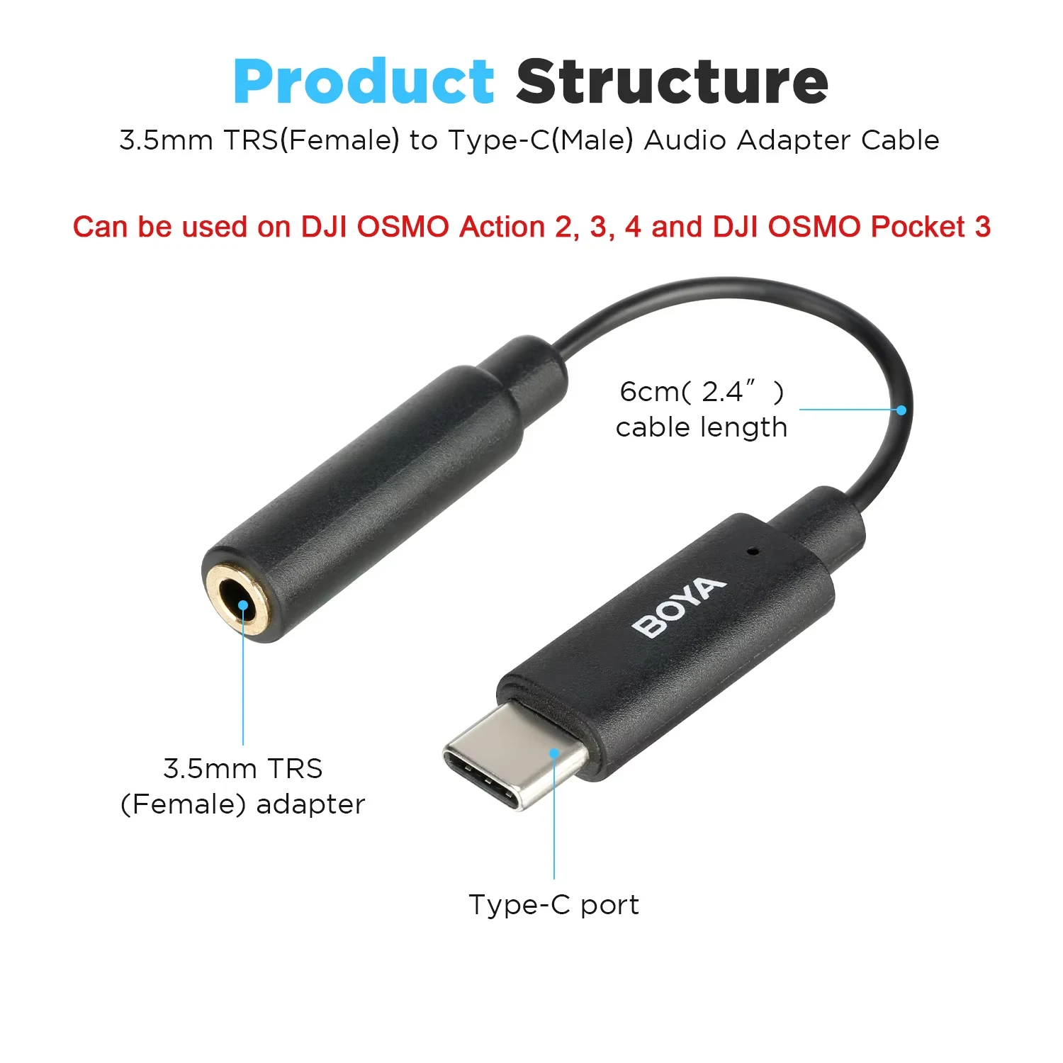 BOYA BY-K4 6cm 3.5mm TRS Female to Type-C Male Microphone Audio Adapter Cable for iPhone Android Cell Phone PC USB-C Devices