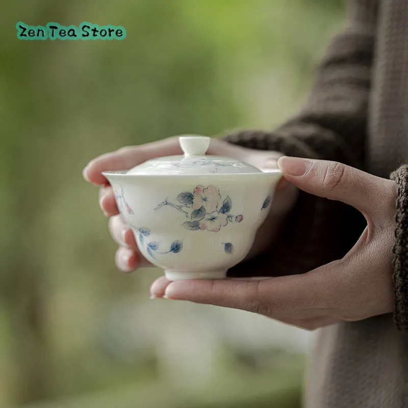 

Hand-painted Full Color Blue And White Covered Bowl Kung Fu Tea Set Under Glaze Color Begonia Blossoming Ceramic Home Tea Bowl