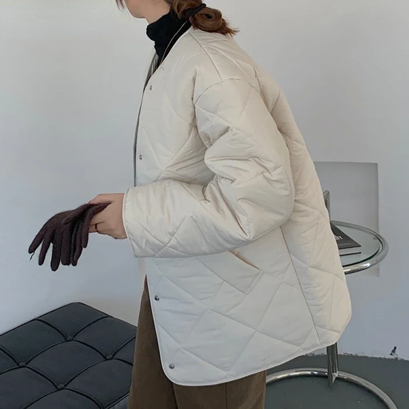 Korean Version Loose and Thin Round Neck Diamond Lattice Cotton-padded Jacket Simple Cotton-padded Jacket Women 2022 Winter New