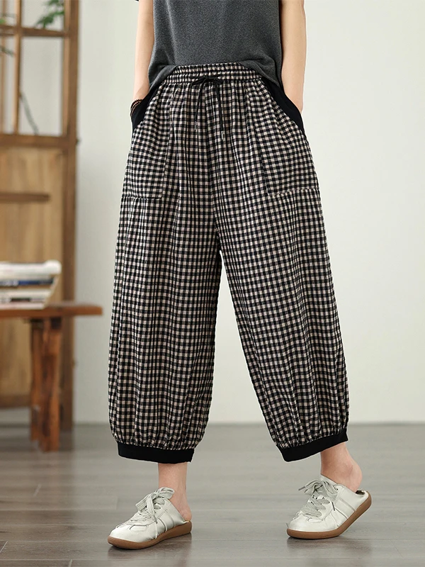 Retro algodão linho xadrez lanterna calças femininas verão fino cintura alta drape casual solto emagrecimento linho calças de sete pés
