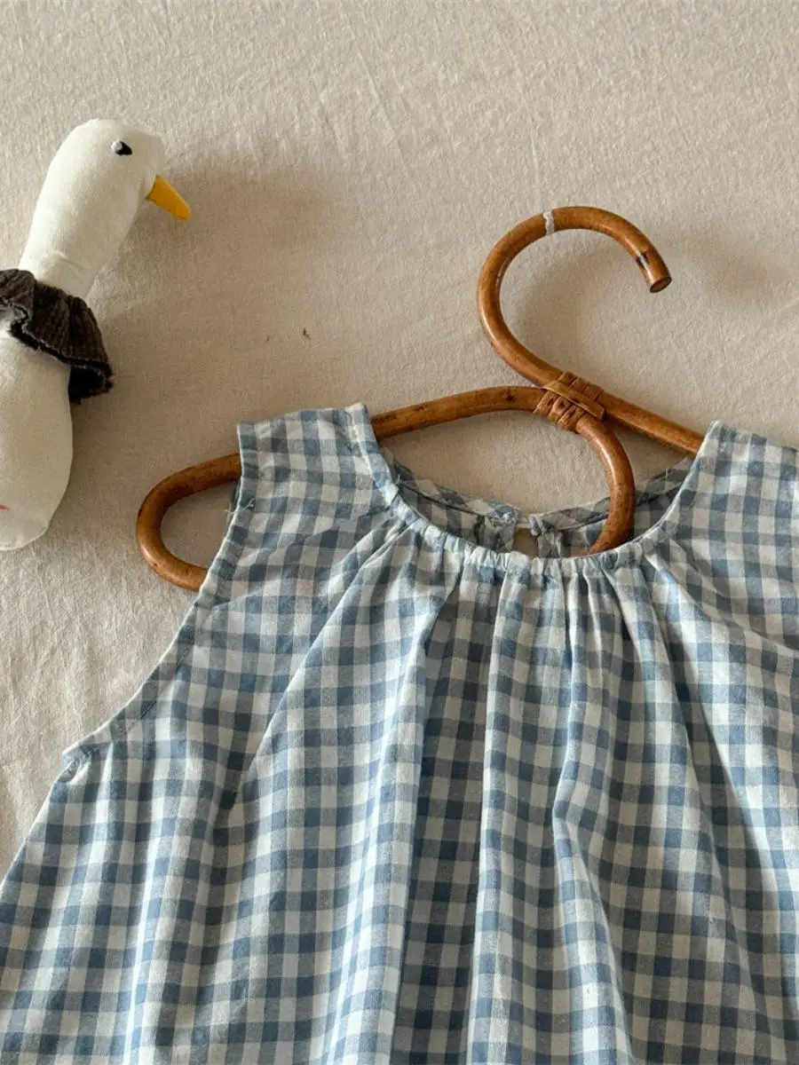 女の子用サマープレイドベースTシャツ、スウィートフレキシブル韓国デザイン子供服、2025年新作、ノーブランド