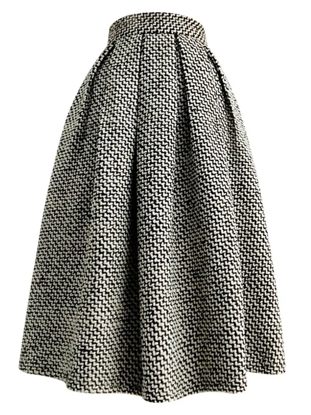 Fashion Houndstooth Woven Tweed Skirt With Pocket Winter Women Korean Vintage Thickened High Waist Pleated A-Line Skirts Faldas