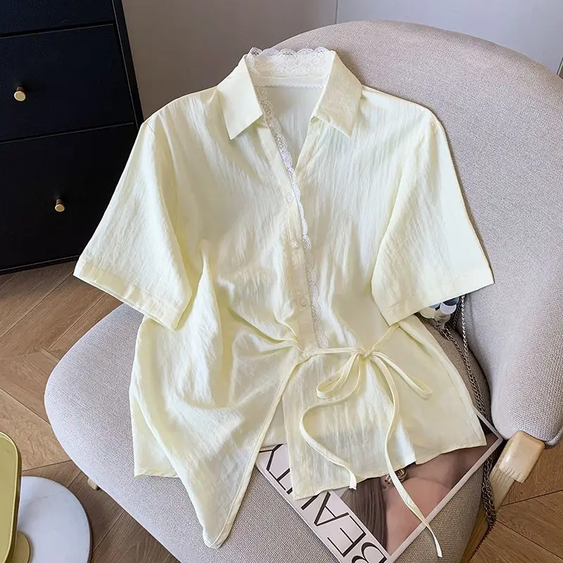 Gentle Lace Splice V-ne ort Sve irt Vita stretta con cintura Faion Top estivo da donna Coreano Sle Pendolarismo Vento Vestibilità ampia