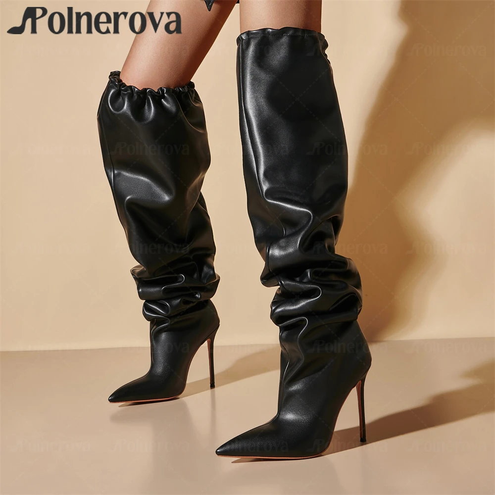 Oversize Elasticated Thigh Boots Exaggerated Pointed Toe Stiletto Boots Black Matte Leather over the Knee Boots for Women Custom