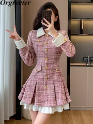 New Arrival Pink Tweed Short Blazer Dress Women Autumn Winter Single-breasted Collision color Splicing Pleated Mini Dress