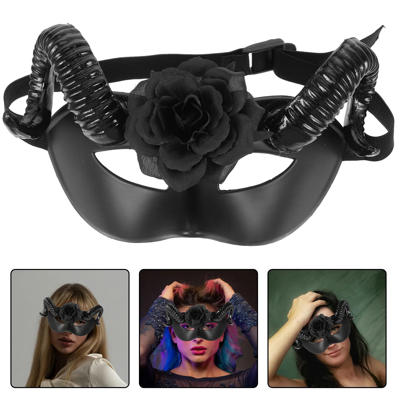 Half Face RAM Horns Floral Mask Detachable Adjustable Strap Halloween Costume Men Women Cosplay Party Masquerade
