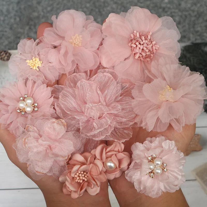 10PCS/Lot Pink Series Mix Styles Set Chiffon Fabric Flowers For Wedding Dress Hat Shoes Decoration