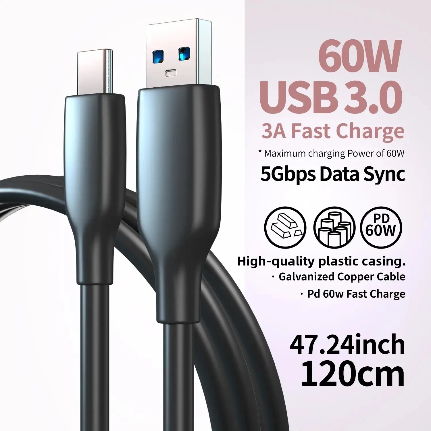 60 W USB-C-Ladekabel, USB 3.0, schnelles Datenübertragungskabel, Hochgeschwindigkeitsverbindung, Gerät zur Gerätekommunikationsleitung