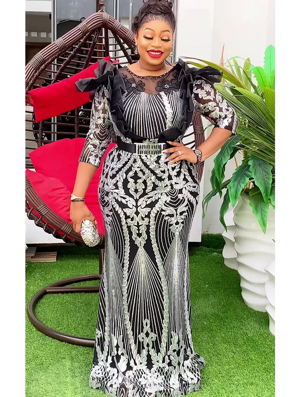 Plus Size Evening Dresses for Women African Luxury Sequin Gown Elegant Turkey Wedding Party Long Dress Ankara Ladies Clothing