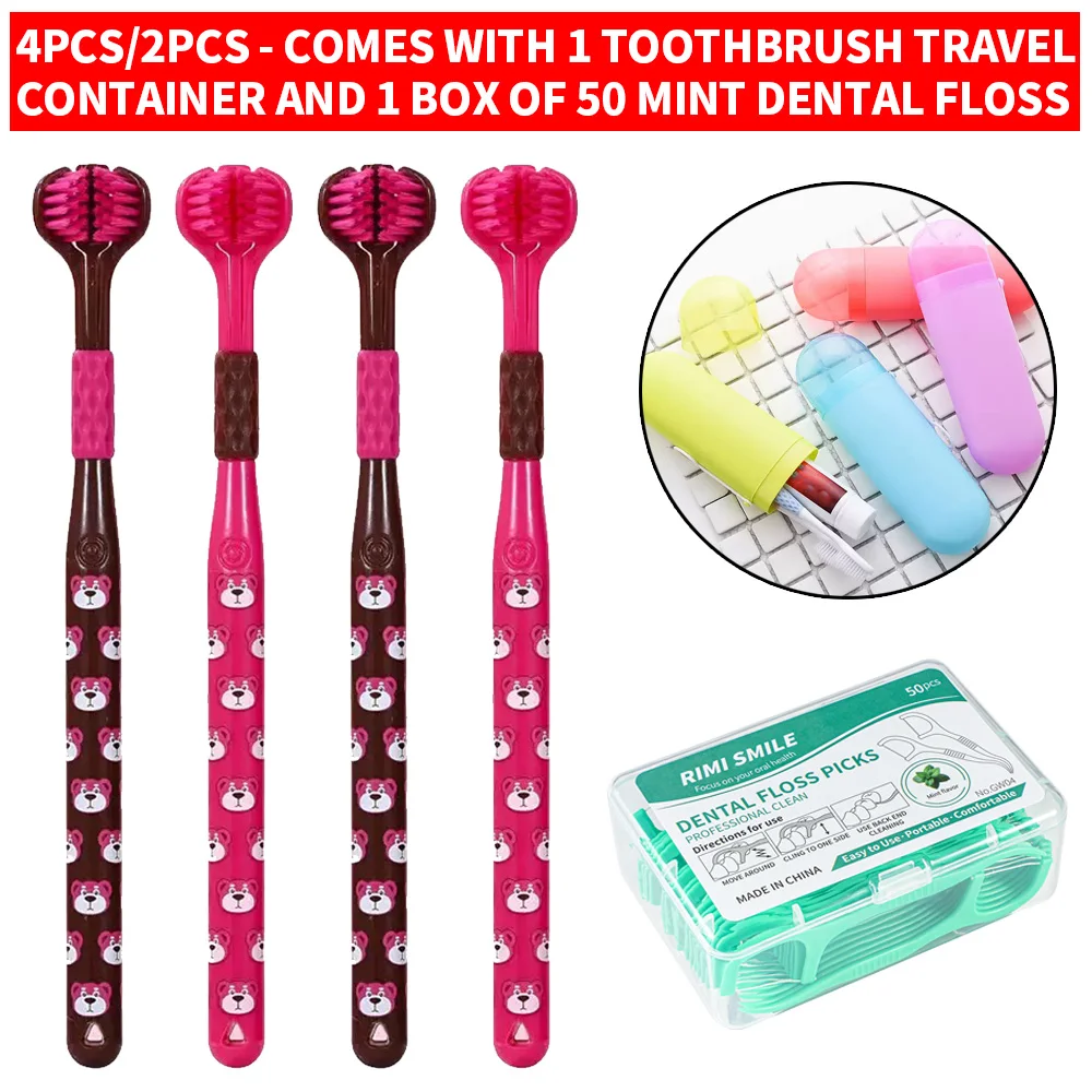 4PCS/2PCS Three sided Toothbrush Soft Hair (Comes with 1 toothbrush travel container and 1 box of 50PCS peppermint dental floss)