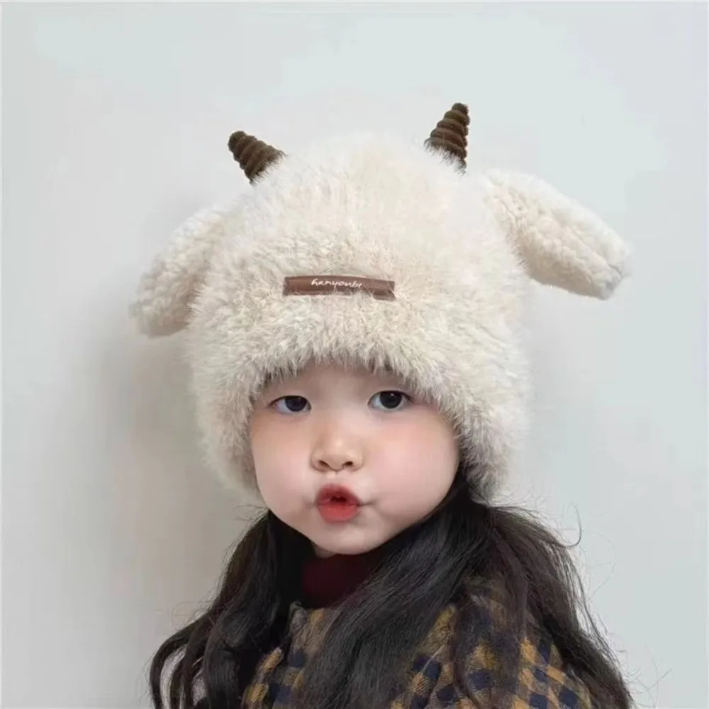 

Cute Sheep Horn Hat Windproof Adjustable Round Top Cap Warm Winter Cap Winter