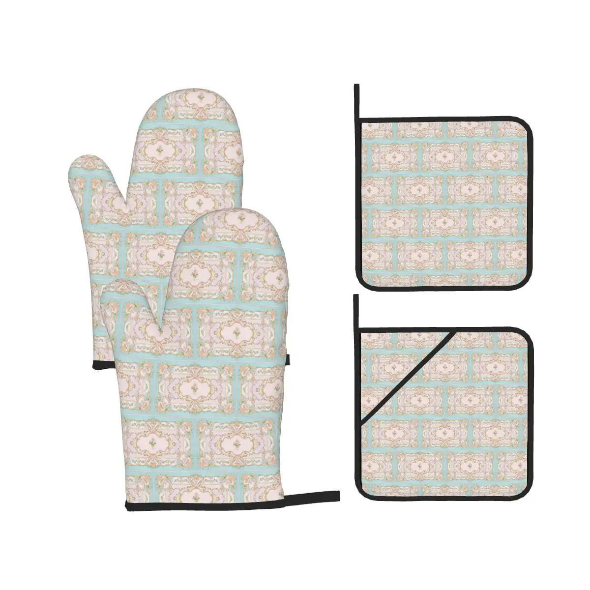 French Rococo Floral Watercolor Panel Oven Mitts and Pot Holder Sets of 4 for Baking Cooking BBQ Resistant Non-Slip Gloves