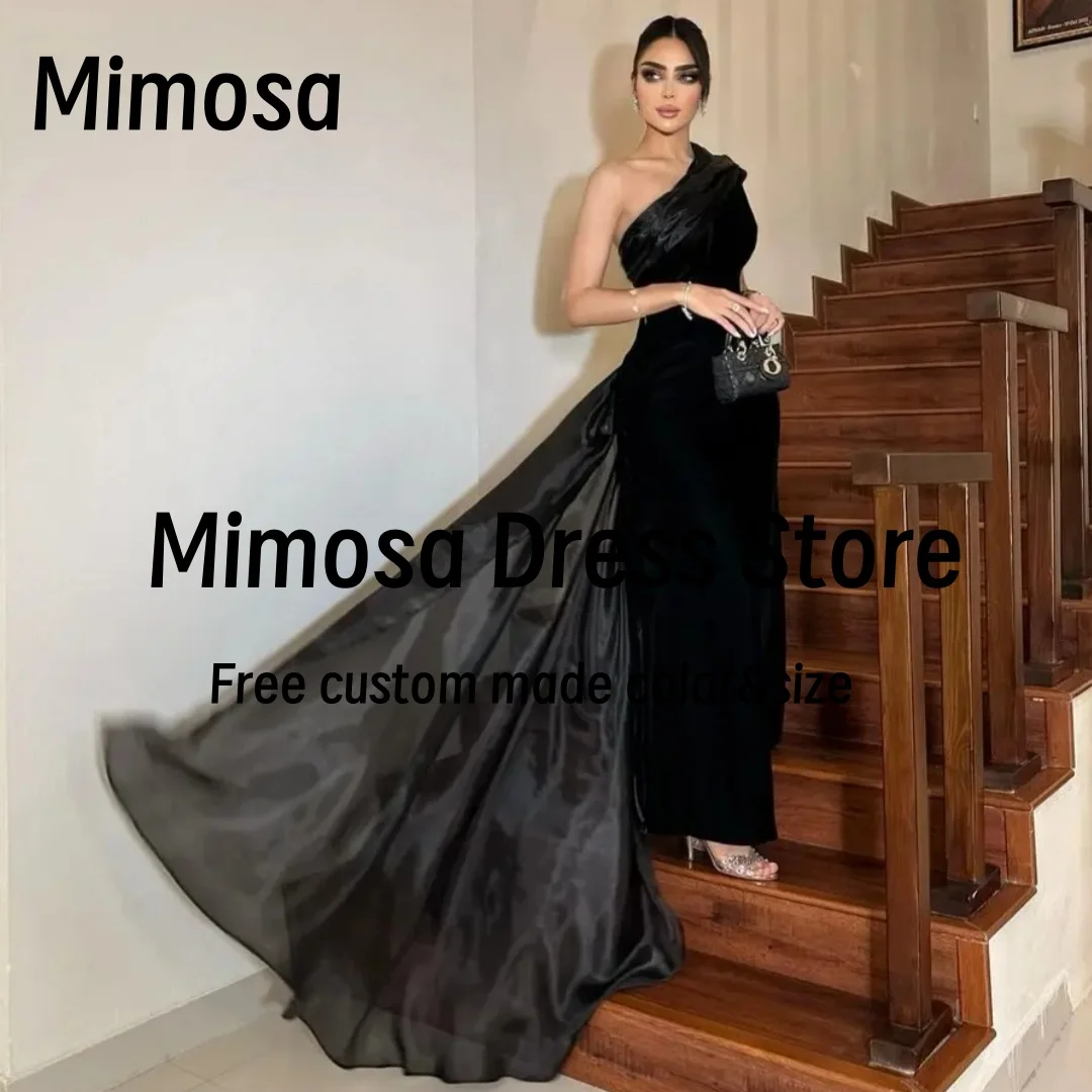 Mimosa Vestidos De Gala Black Velour Prom Dresses One Shoulder Long Organza Flutters Train Women's Evening Dress Customized