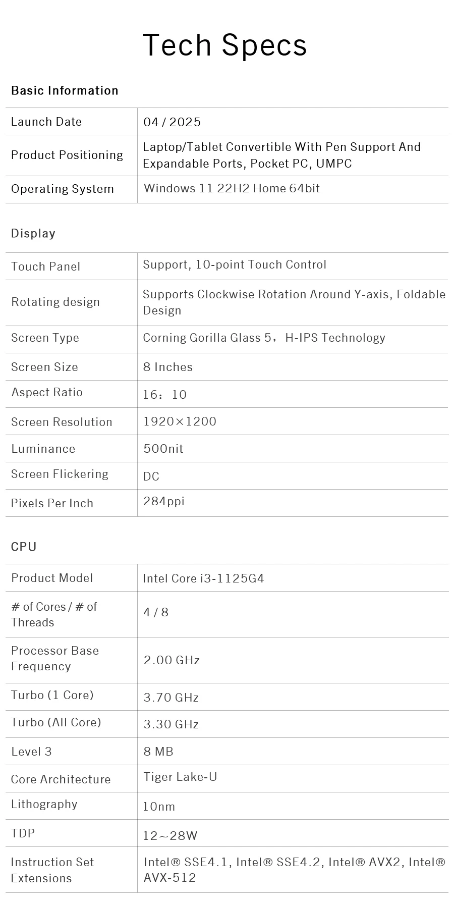 GPD Pocket 3 8'' Mini Handheld Laptop Intel Pentium Gold 7505 Touchscreen 180° Foldable Portable Notebook 16GB LPDDR4X 512GB SSD