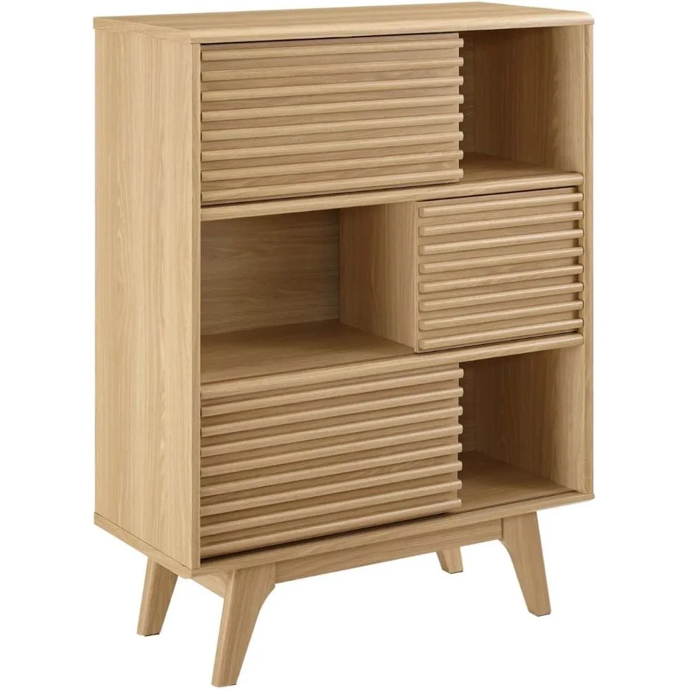 Render Mid-Century Modern Three-Tier Display Storage Cabinet Stand in Oak