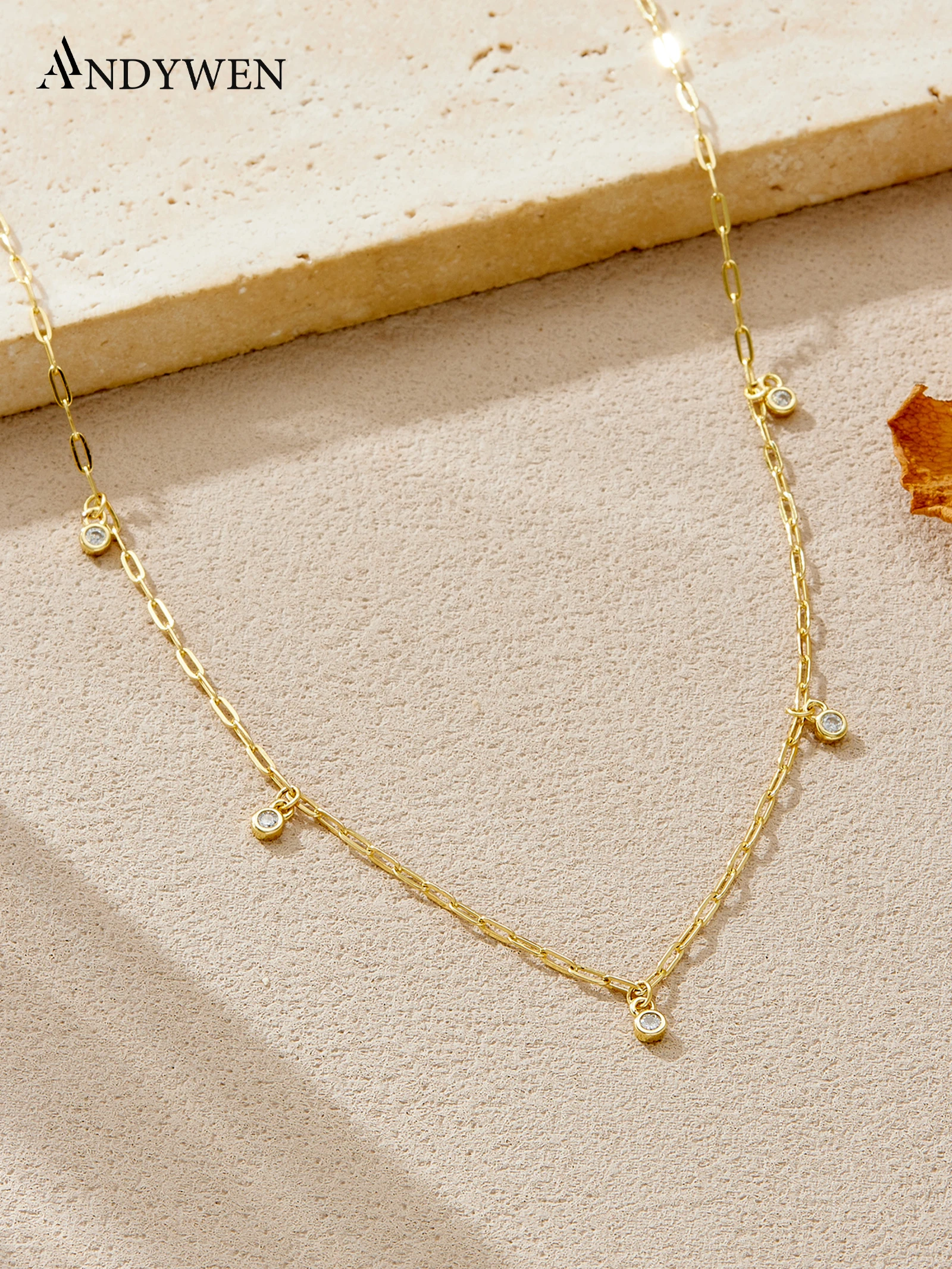 

ANDYWEN, минималистичное ожерелье из серебра 925 пробы, ювелирные изделия с акцентной цепочкой CZ, элегантный подарок для женщин, офисная шикарная повседневная одежда