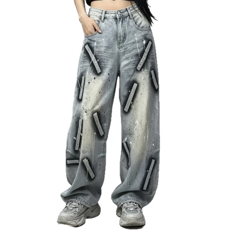 ANJY Spring Autumn New Women American Style Retro Distressed Graffiti Jeans Stylish Ins Loose Casual Wide-Leg Denim Pants A24835