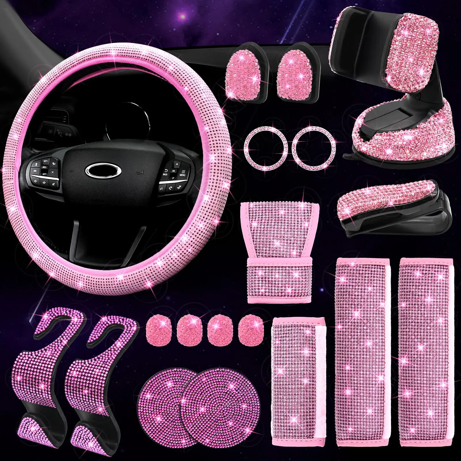 

Pink Diamond Bling Car Phone Holder Bling Car Steering Wheel Cover Rhinestone Bling Car Accessories Set