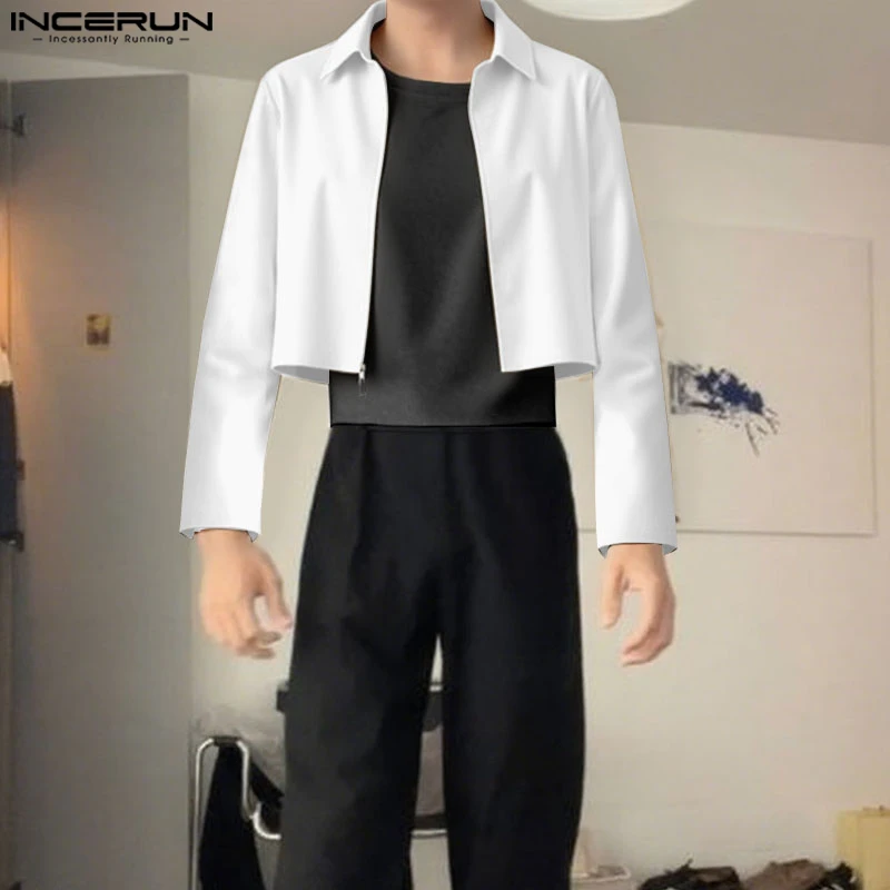 

INCERUN Men Jackets Solid Color Lapel Long Sleeve Zipper Casual Crop Coats Men Streetwear 2025 Loose Fashion Male Thin Jackets