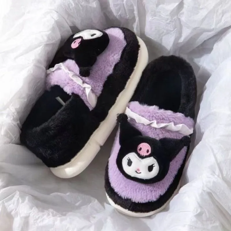 Hairy cartoon slippers for women in winter, plush anti slip cotton slippers for girls, flat shoes