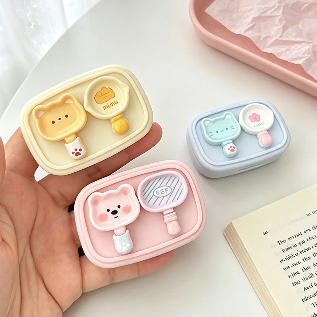 Cute Cartoon Pan Shaped Portable Plastic Contact Lens Case Travel Contact Lens Companion Box With Built-In Mirror