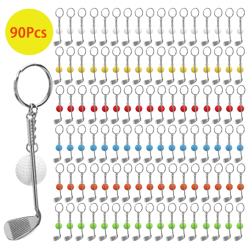 90Pcs Mini Golf Racket Ball Pendant Keychain Key Ring Creative Metal Key Clasps Split Keyring Sports Clubs Automobile Key Gift