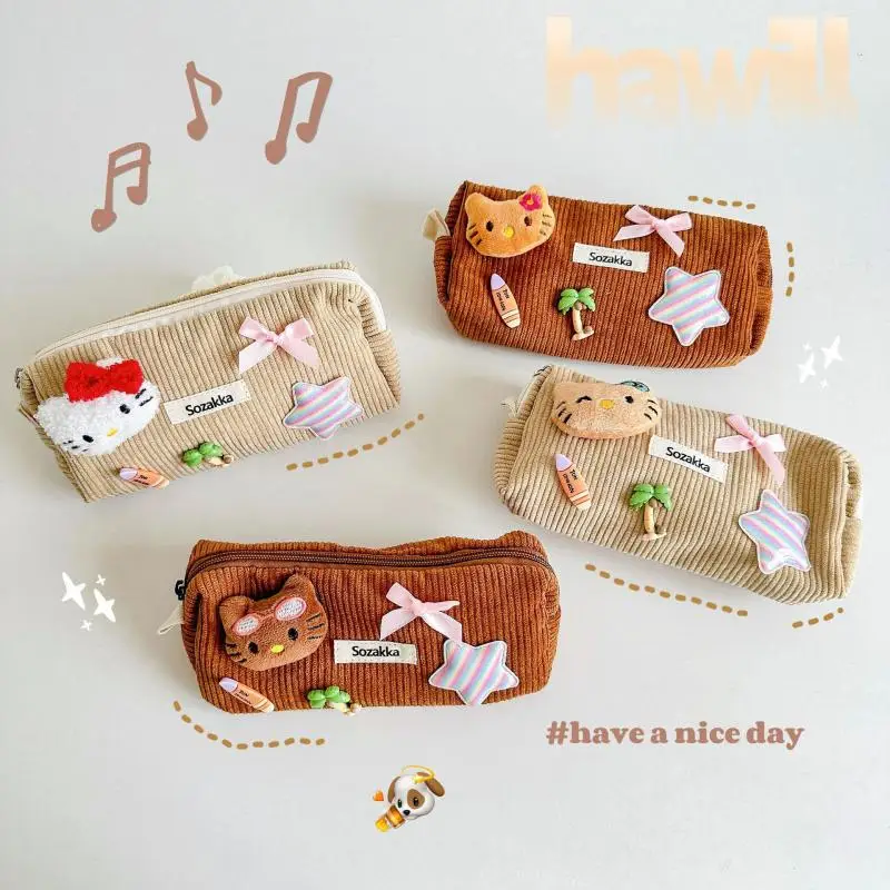 Summer New Hawaiian Wind Hello Kitty Color Matching Large Capacity Storage Cosmetic Bag Corduroy Pencil Case Anime Plush Toy