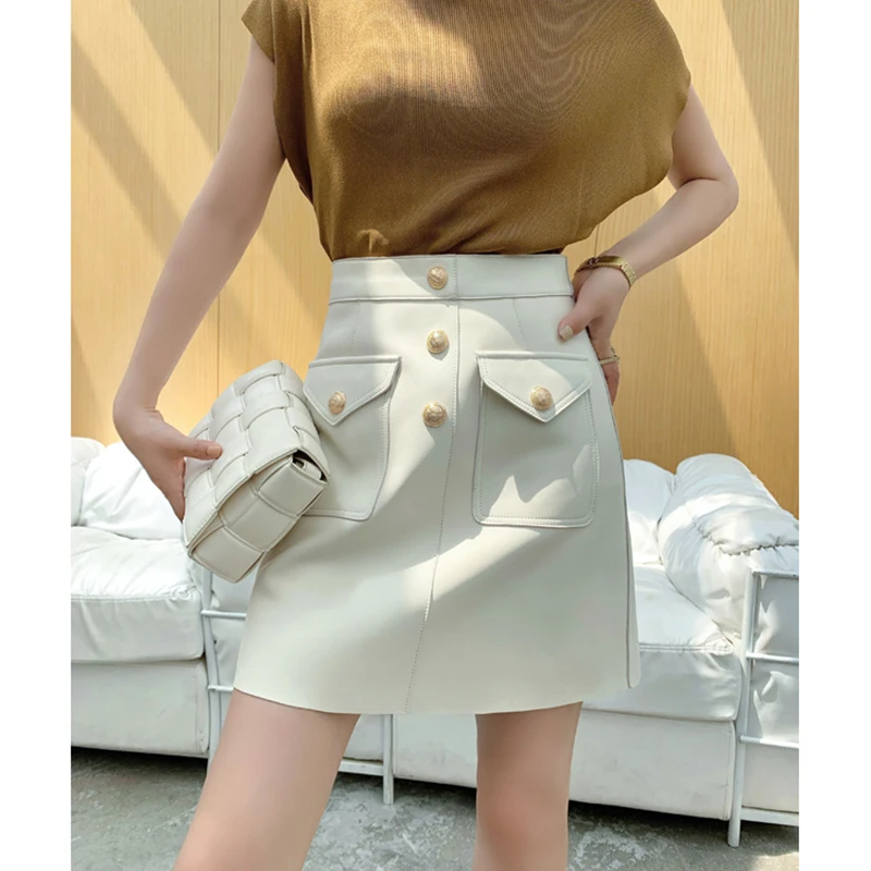 White/Red Leather Skirts For Women Autunm Sheepskin High Waist Wrap Hip A-Line Falda Mujer Double Pocket Slim Stylish Mini Jupe