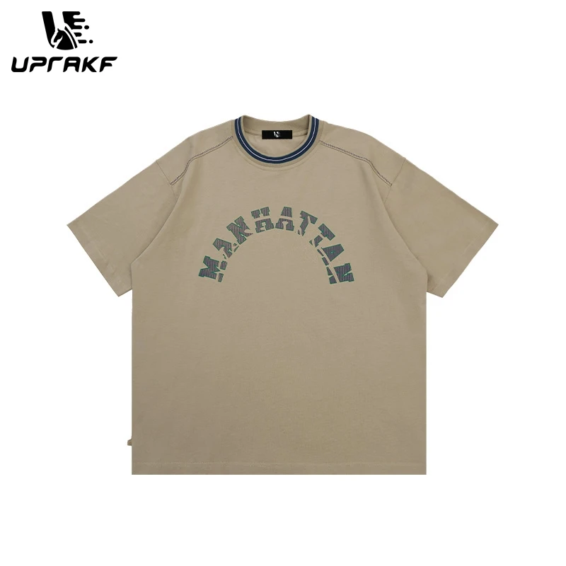 UPRAKF Streetwear Harajuku Style T Shirt Cotton Manhattan Letter Print O Neck Oversize Tees Unisex Y2K Loose Short Sleeve Casual