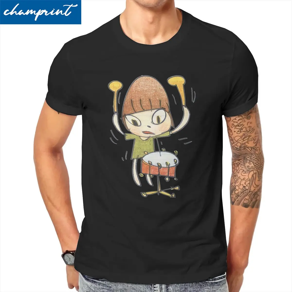 Vintage Yoshitomo Nara Drummer  T-Shirts for Men O Neck Pure Cotton T Shirt Kawaii Cartoon Short Sleeve Tees Original Clothes