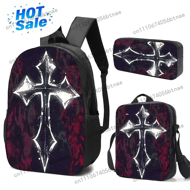 Black Backpack and Accessories with Gothic Cross Print, Durable High-res Design, Adjustable Straps, Large Capacity for Daily Use