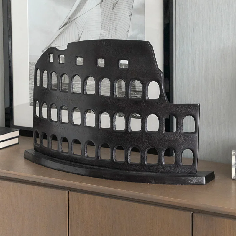 Indian craft aluminum ancient Roman Colosseum architectural ornaments, metal hollow geometric art abstract sculpture