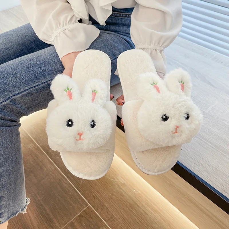 Cute Cartoon Fur Slippers Women\'s2022 Winter New One Word Cotton Slippers Home Panda Plus Size Warm Plush Slippers Mujer Slides