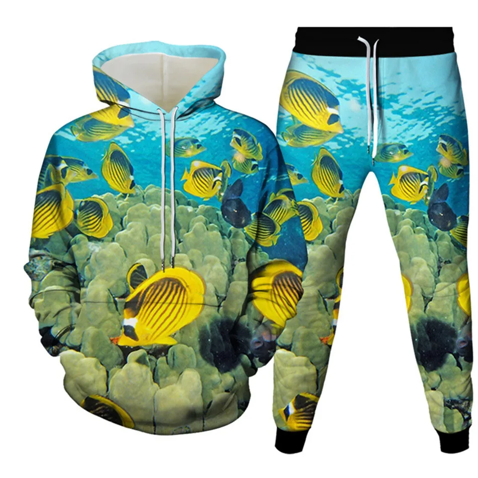 Vis 3D Gedrukt Hoodie Pak Herfst Mannen Sweatshirts Hoodies Joggingbroek Casual Mode Tweedelige Trainingspak Set Man Kleding