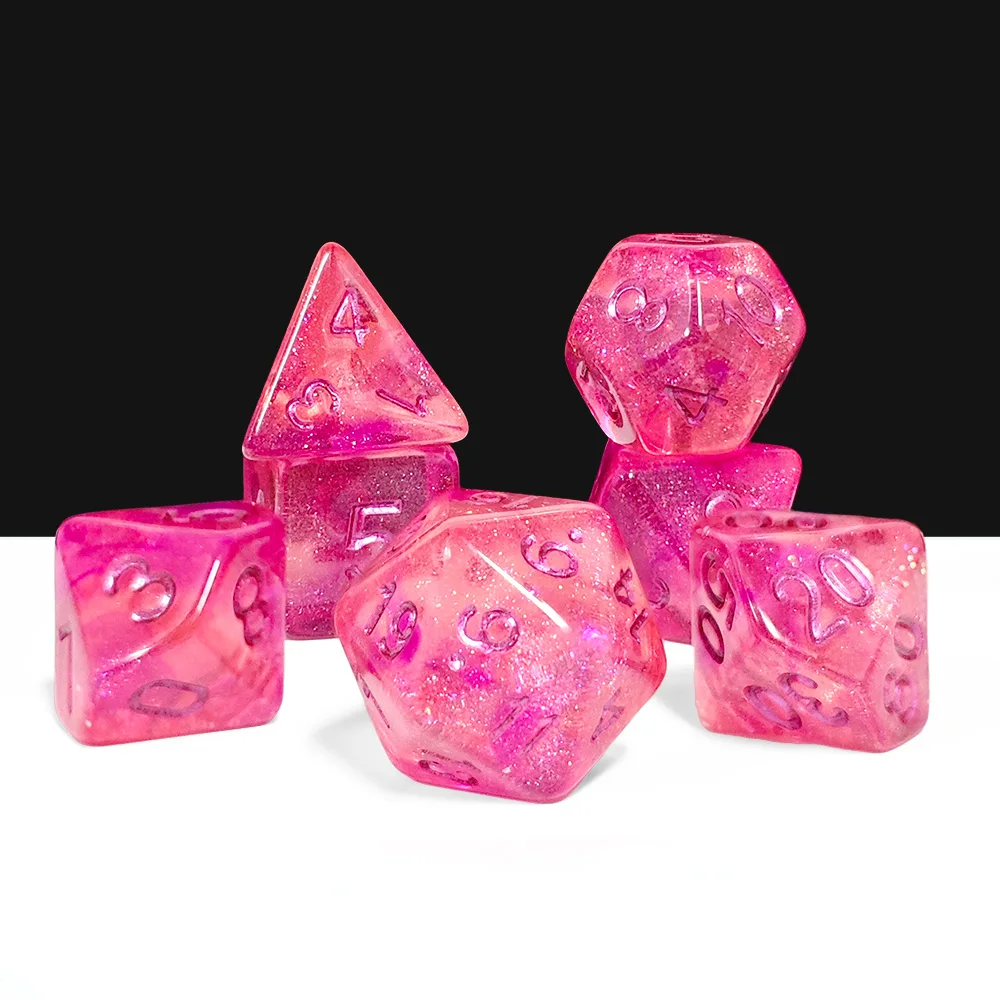 7PCS Pink Gradient Glitter DND Dice, Transparent Acrylic Polyhedral Dice Set with Pink Numbers for D&D & TTRPG