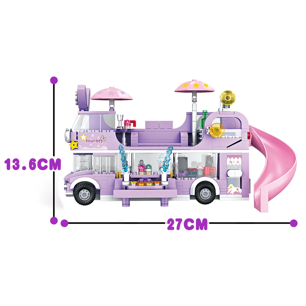 486PCS Double-Storey  Star Rabit Bus Building Blocks Toys STEM Toys Friends Figures Flower Christmas Day Purple Color Toys Girls