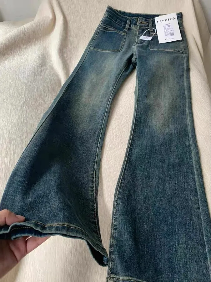 

High Waist Slim Fit Bell Bot Jeans Women's Autumn Winter Vintage High Street Cement ey Flared Hoof Pants