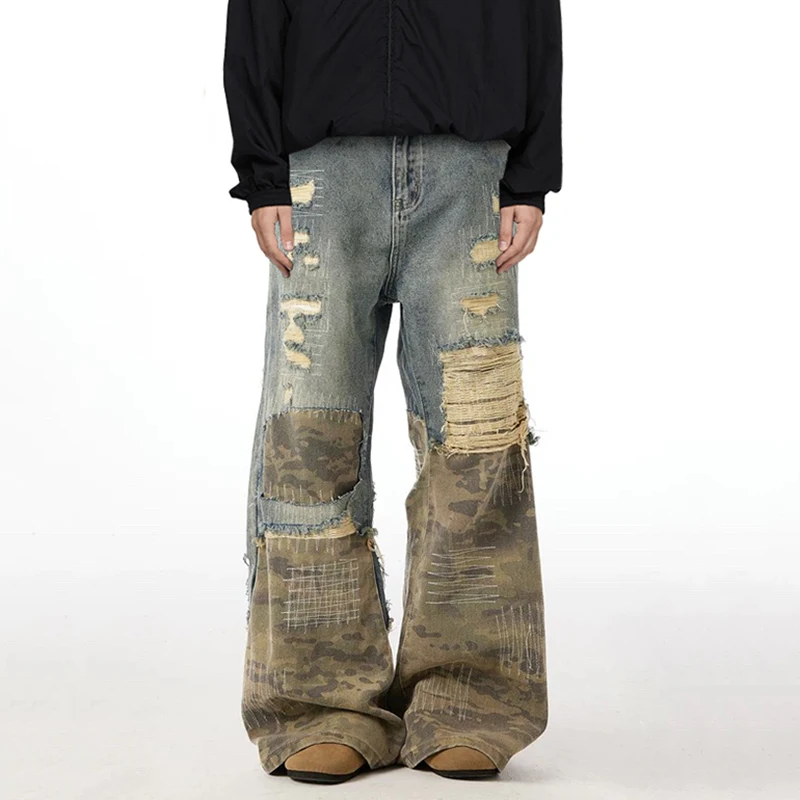 

Y2K High Street Baggy Jeans Men's Crewel Embroidery Camouflage Patchwork Hole Design Niche Washing Male Denim Pants New 9W940