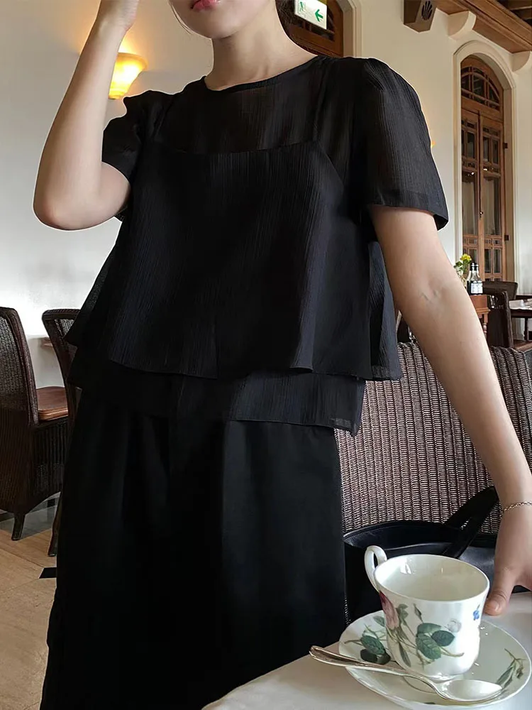 Women's Summer Chiffon See Through Shirt Two-piece Sets Korean Fashion Short Sleeve Blouses Tops+Chic Short Sling Camisole Suits