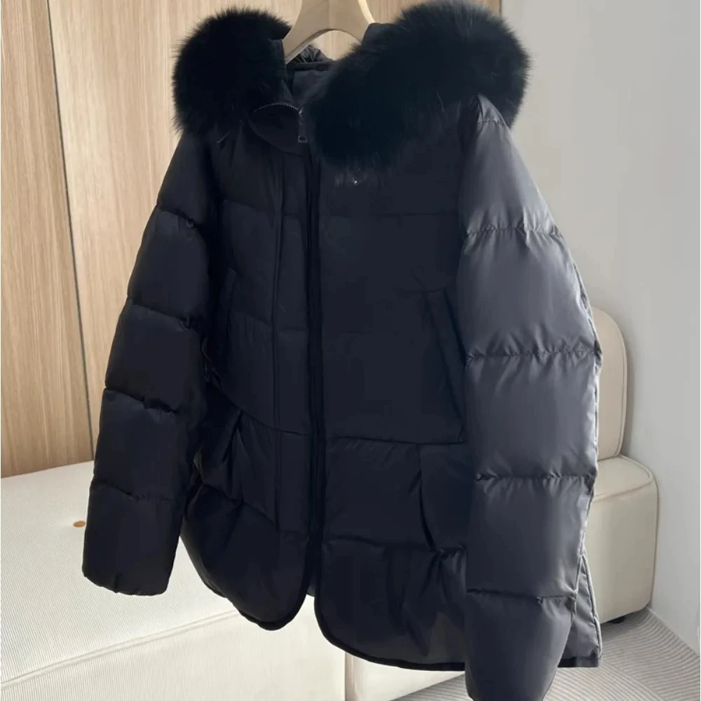 OFTBUY White Duck Down Coat Hooded 2024 New Fashion Winter Real Fur Fox Fur Collar Jacket Cape Puffer Coat Women Slim Short Warm