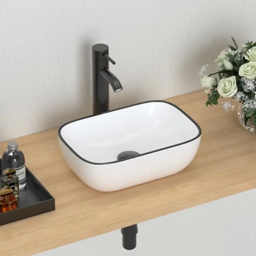 

14.5'' x 10'' Bathroom Small Vessel Sink Above Counter Porcelain Ceramic Sink Bowl Black Trim Decoration Small Vanity Sink Lava